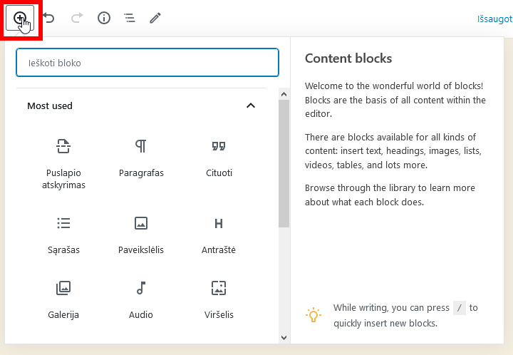 Bloko pridėjimas WordPress redaktoriuje