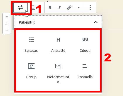 WordPress bloko turinio tipo keitimas