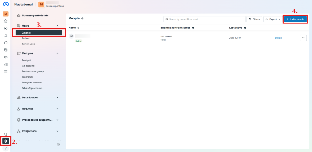 Facebook Business Manager valdymo skydelis