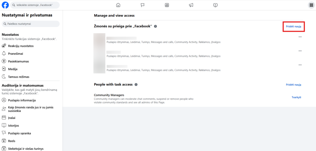 Facebook puslapio administratoriaus pridėjimas