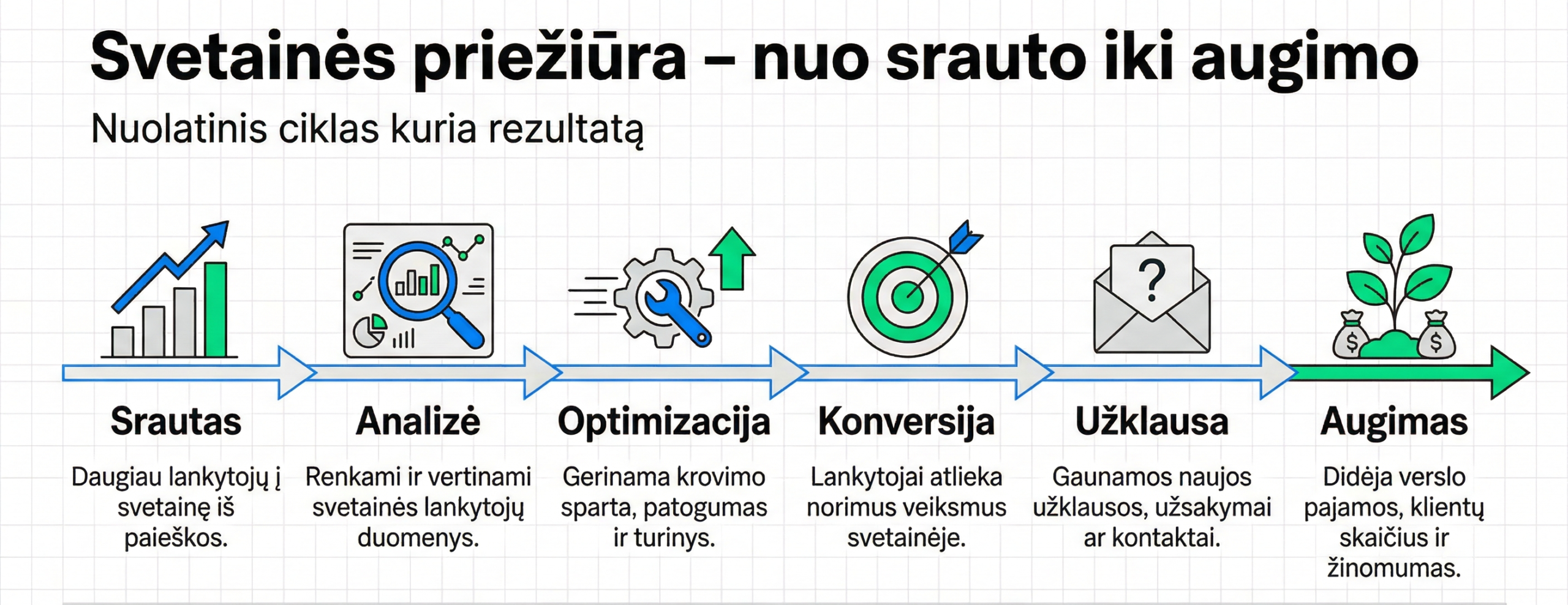 Interneto svetainių priežiūra: nuo srauto iki augimo