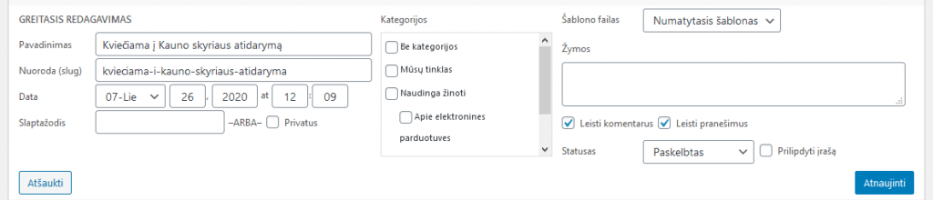 WordPress įrašo greitasis redagavimas