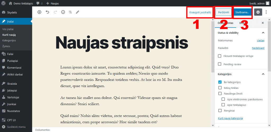 WordPress įrašo juodraštis, peržiūra ir skelbimas