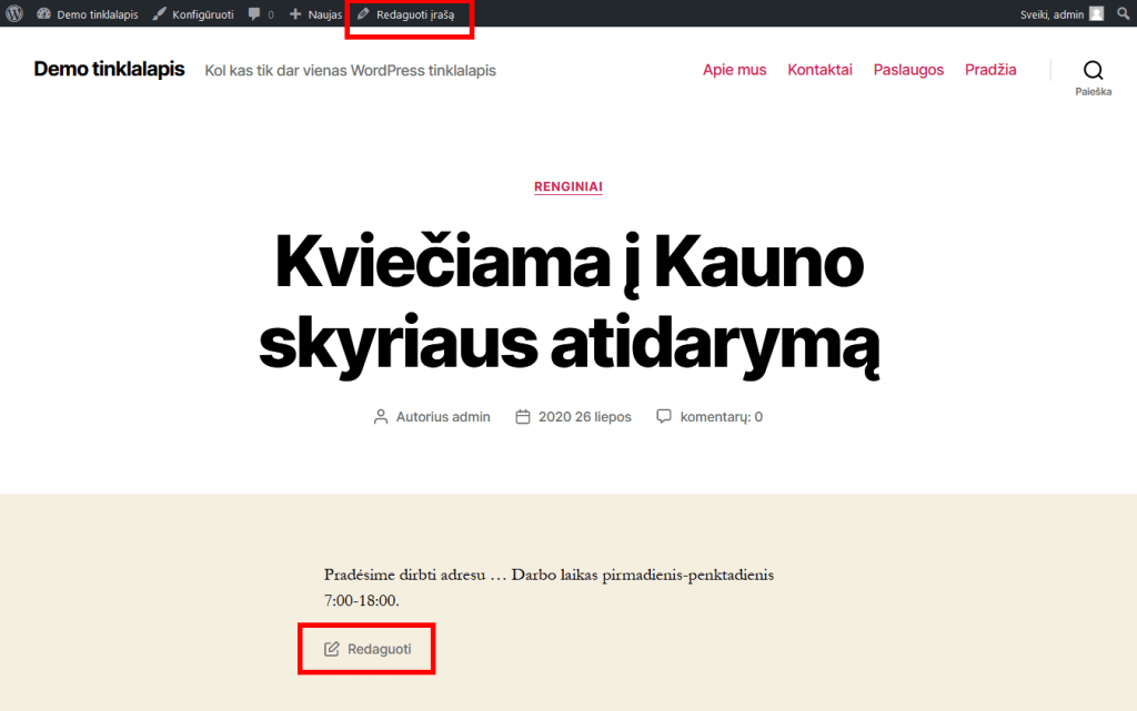 WordPress įrašo redagavimas iš peržiūros