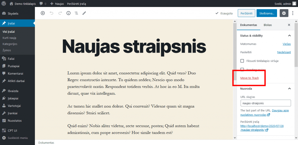 WordPress įrašo šalinimas iš atnaujinimo lango