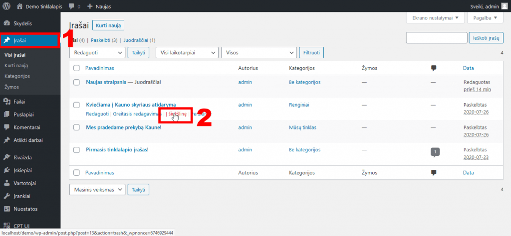 WordPress įrašo šalinimas iš bendro lango
