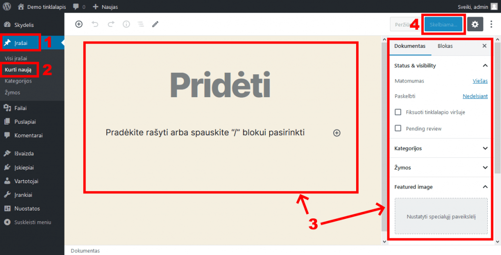 WordPress naujienos kūrimas – 1 žingsnis