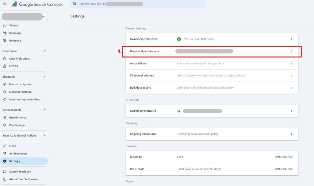 Google Search Console administratoriaus pridėjimas – 3 žingsnis