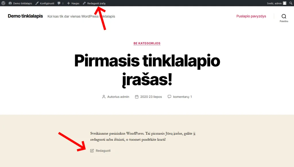WordPress nustatymų langas