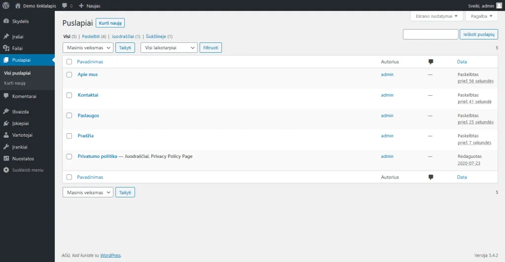WordPress turinio nustatymai