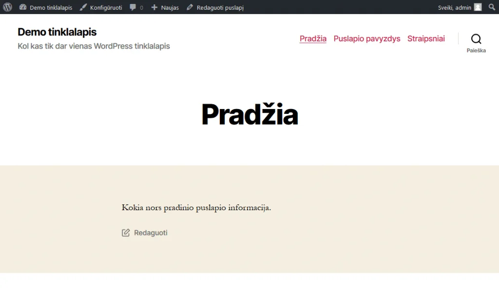 WordPress pradžios langas