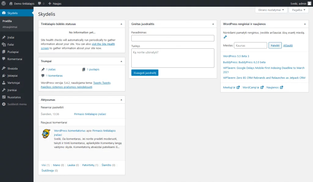 WordPress valdymo skydelis