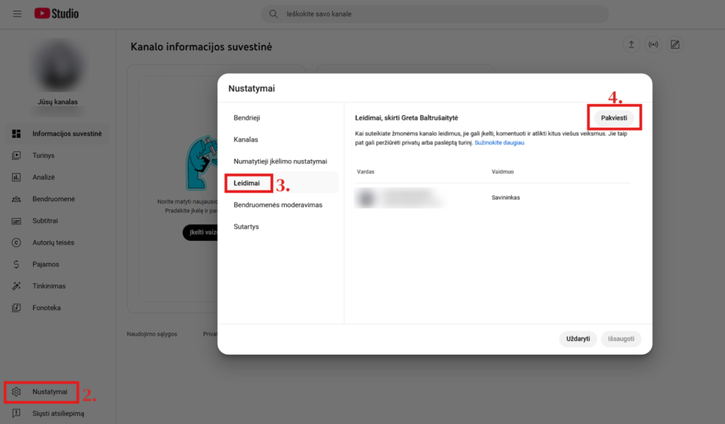YouTube Studio: administratoriaus pridėjimas